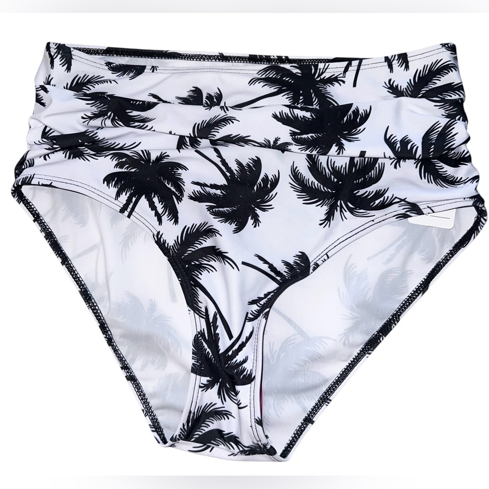 ☀️ NWOT Women's Bikini Bottom White & Black Palm Tree Print High-Waisted Size M
